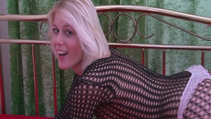 Sweet Cat blonde haired in fishnet masturbation solo