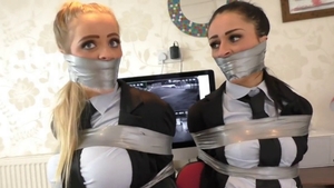 Pretty employee bondage in office