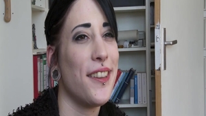 Busty and erotic teen chick masturbating during interview solo