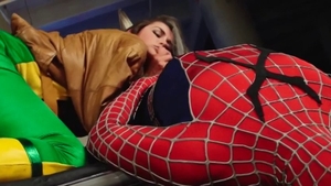 Threesome escorted by spiderman