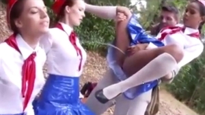 Upskirt foursome accompanied by very hot cadet