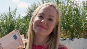 Shaved blonde babe POV cum in mouth on the street