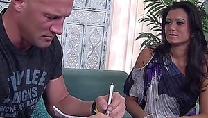 Cock sucking accompanied by busty brunette